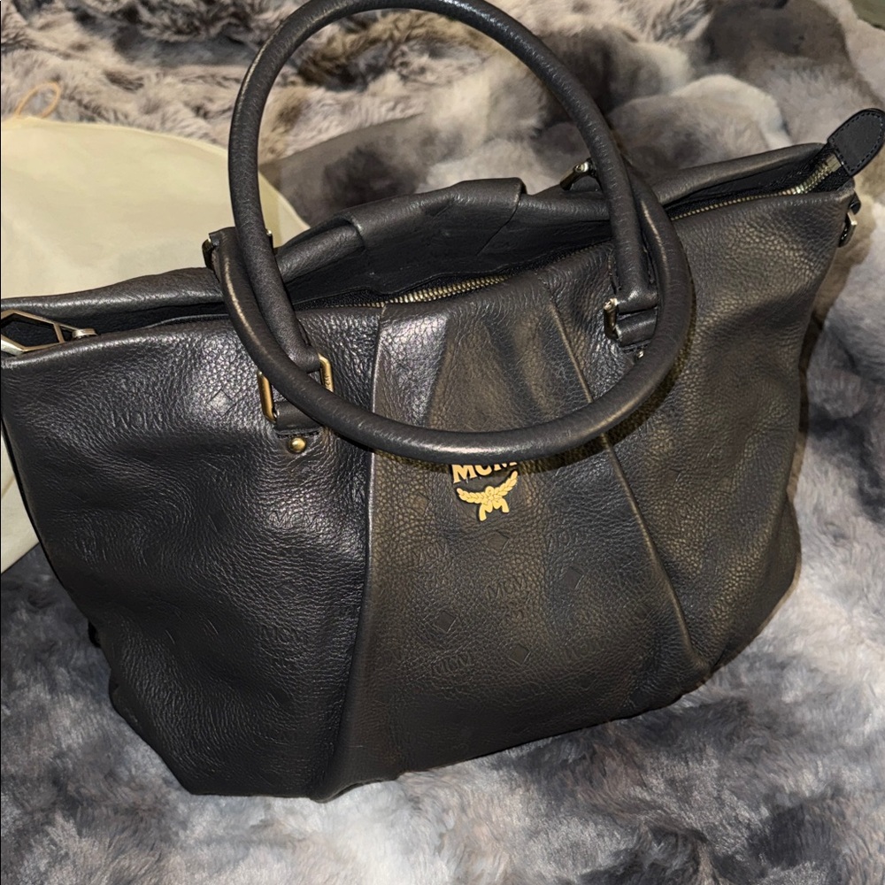 MCM Black Leather Top Handle Bag Monogram